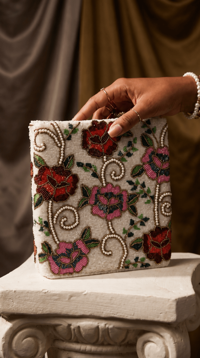 Floral Pearl Beaded Clutch | Wedding & Festive Handbag in Pakistan - Amal Ayub