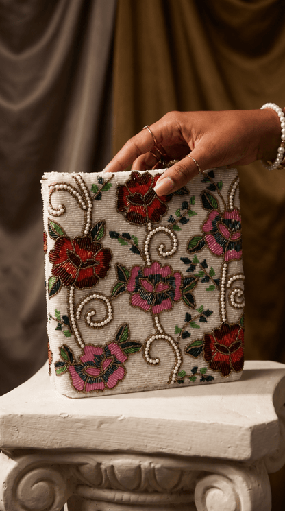 Floral Pearl Beaded Clutch | Wedding & Festive Handbag in Pakistan - Amal Ayub
