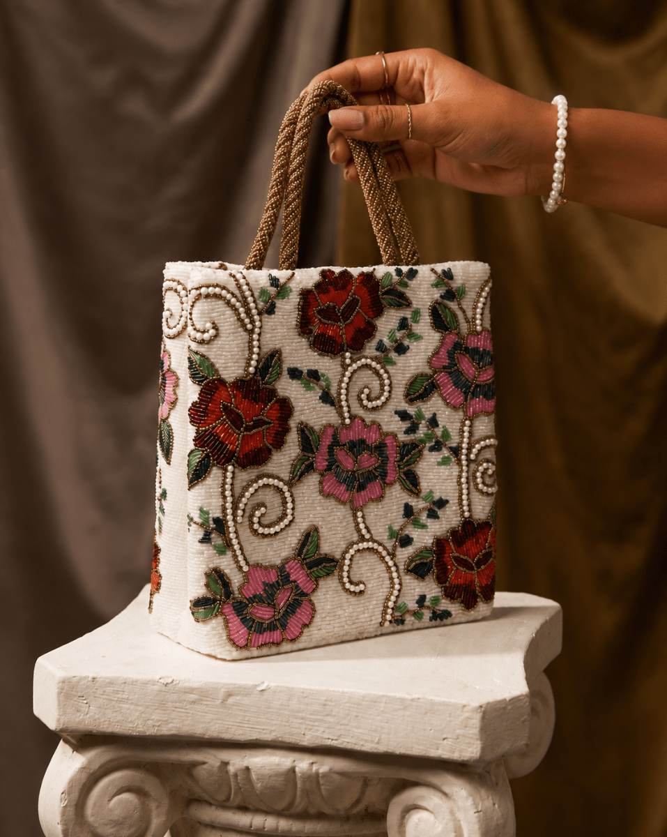 Floral Pearl Beaded Clutch | Wedding & Festive Handbag in Pakistan - Amal Ayub