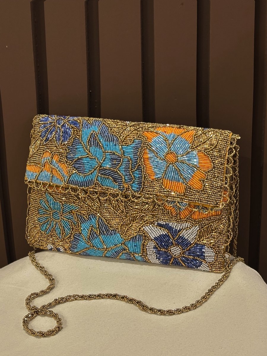 Gold & Blue Hand-Embellished Floral Clutch Bag| Amal Ayub - Amal Ayub
