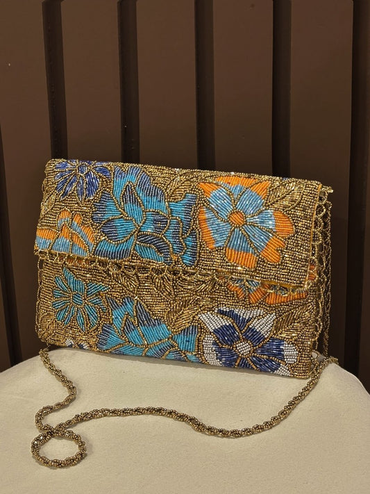 Gold & Blue Hand-Embellished Floral Clutch Bag| Amal Ayub - Amal Ayub