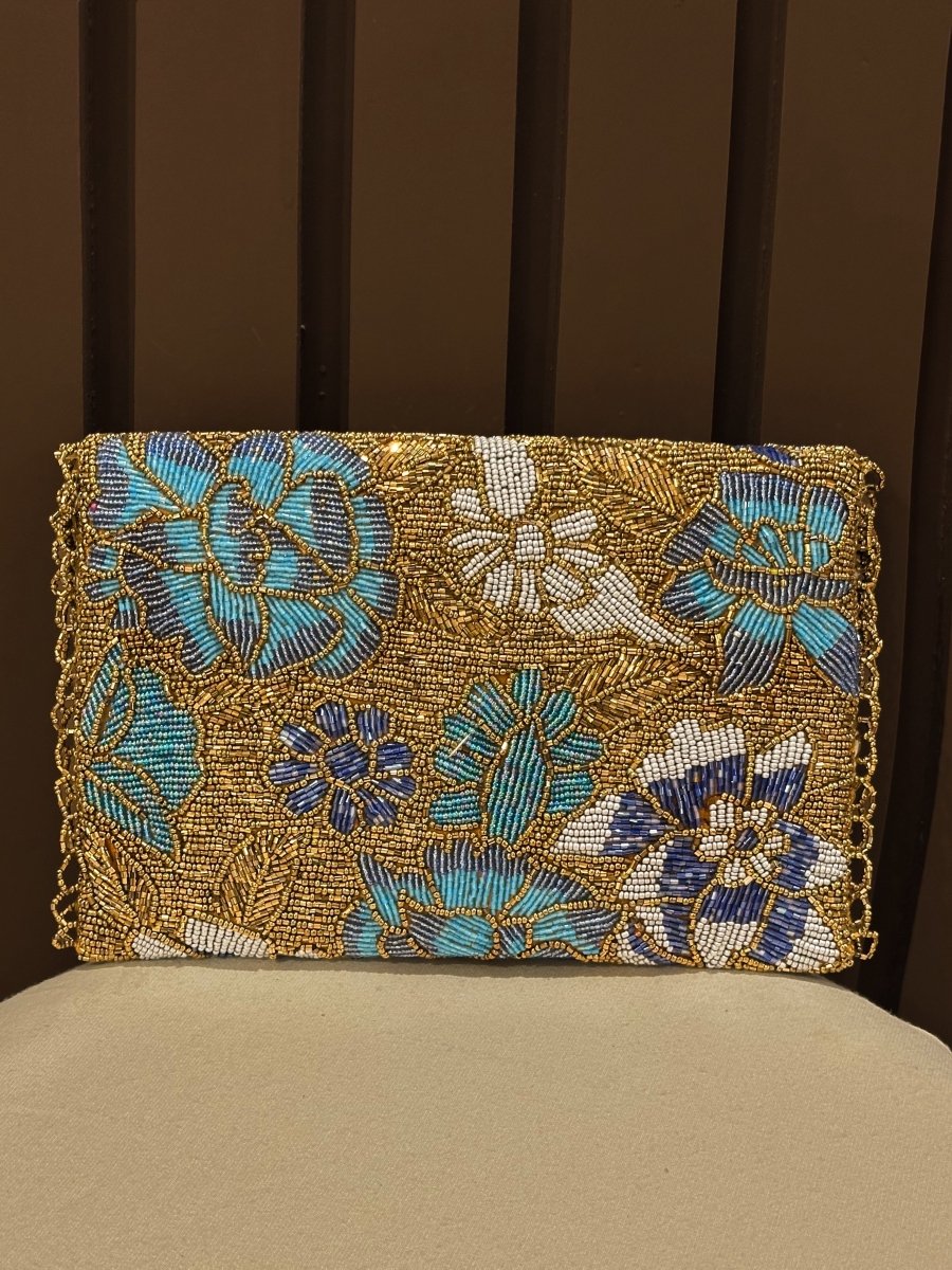 Gold & Blue Hand-Embellished Floral Clutch Bag| Amal Ayub - Amal Ayub