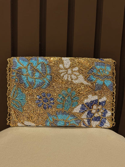 Gold & Blue Hand-Embellished Floral Clutch Bag| Amal Ayub - Amal Ayub