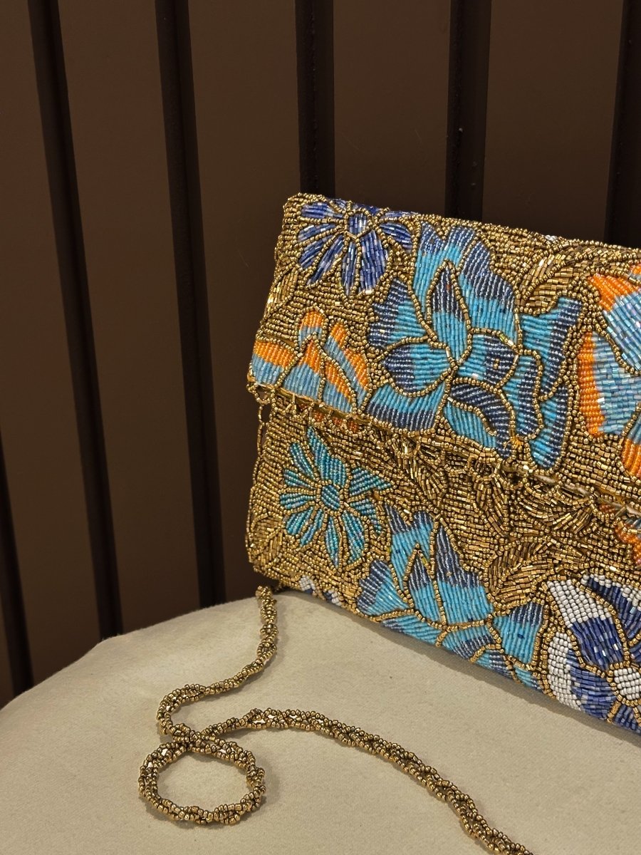 Gold & Blue Hand-Embellished Floral Clutch Bag| Amal Ayub - Amal Ayub
