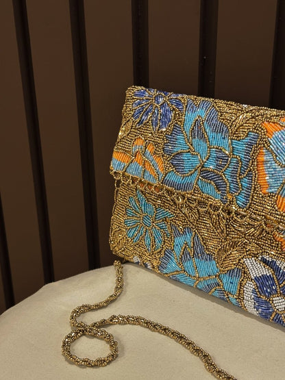 Gold & Blue Hand-Embellished Floral Clutch Bag| Amal Ayub - Amal Ayub