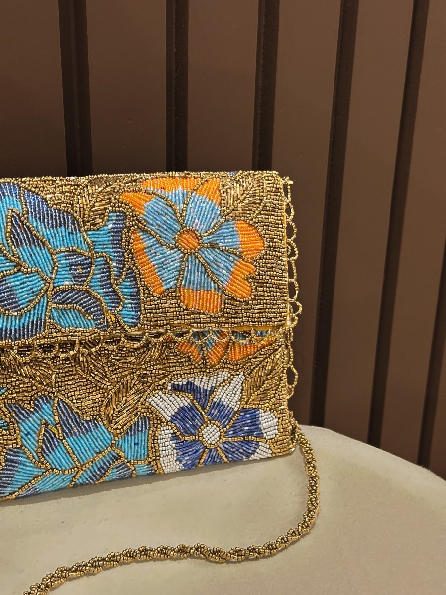 Gold & Blue Hand-Embellished Floral Clutch Bag| Amal Ayub - Amal Ayub