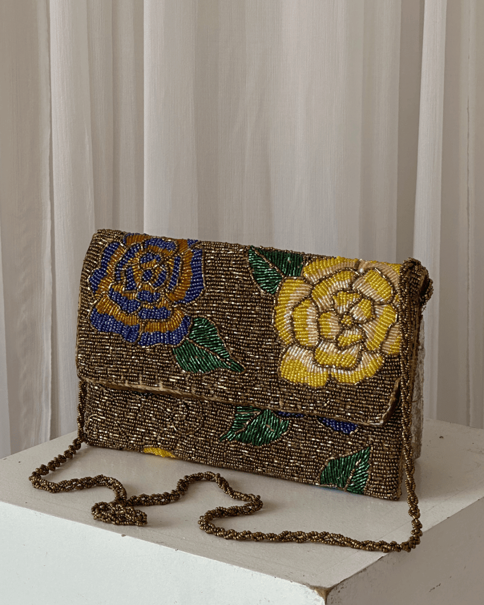 Gold brown structured embellished bag hand embellished bag Amal Ayub 