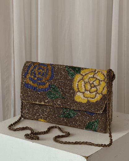 Gold brown structured embellished bag hand embellished bag Amal Ayub 