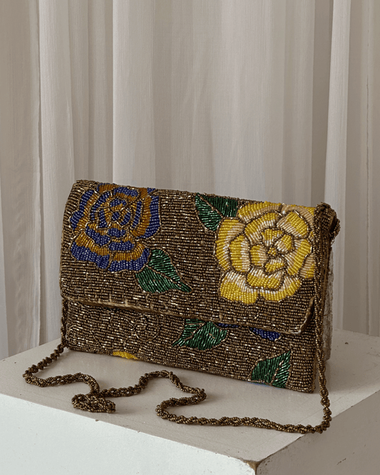 Gold brown structured embellished bag hand embellished bag Amal Ayub 