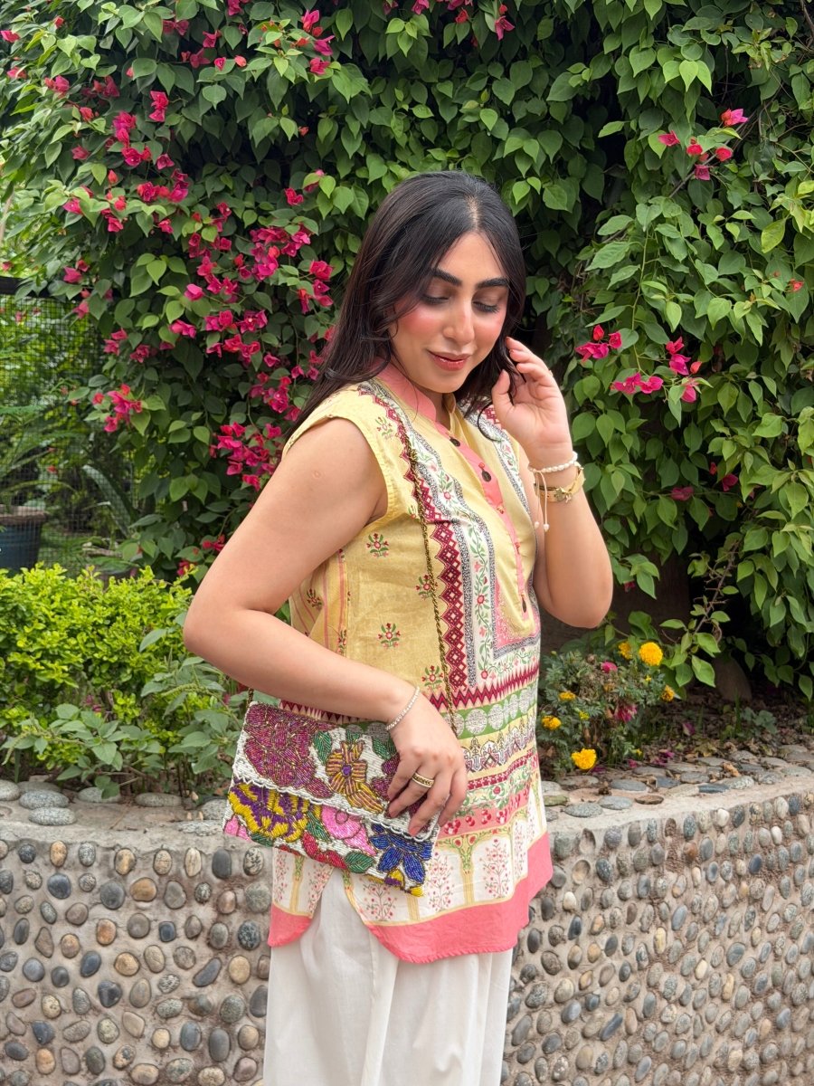 Hand beaded Multi floral Clutch - Amal Ayub