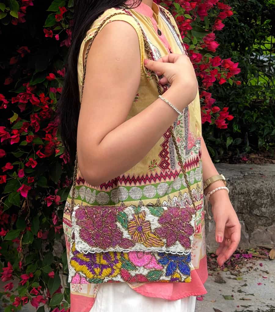 Hand beaded Multi floral Clutch - Amal Ayub