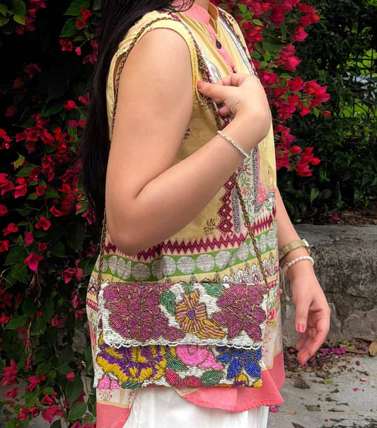Hand beaded Multi floral Clutch - Amal Ayub