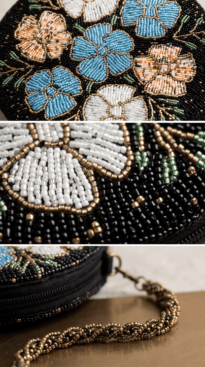 Hand Beaded Round Clutch Bag Floral Beadwork Crossbody Purse with Beaded Chain Strap - Amal Ayub