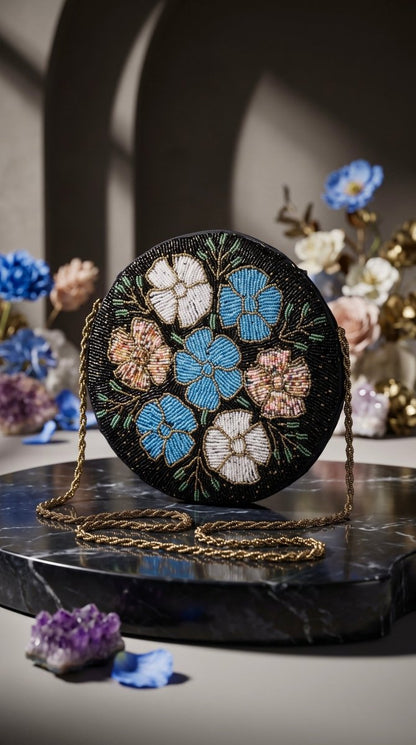 Hand Beaded Round Clutch Bag Floral Beadwork Crossbody Purse with Beaded Chain Strap - Amal Ayub