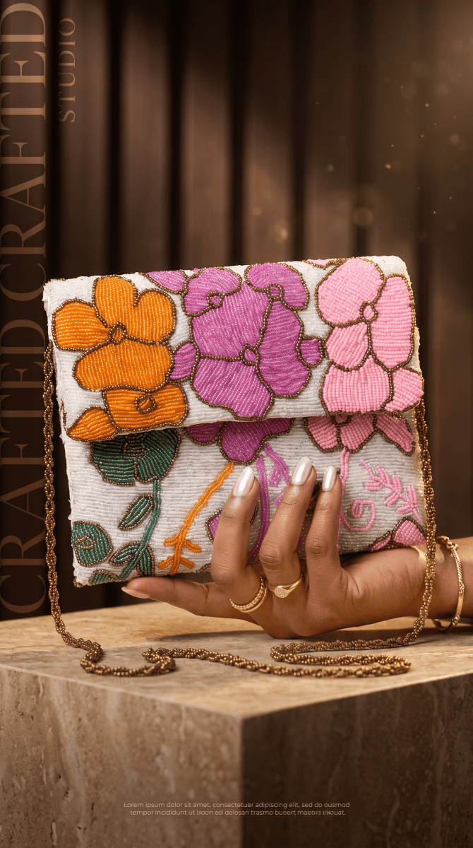 Handcrafted Floral Beaded Clutch – Vintage Beadwork Crossbody Bag - Amal Ayub