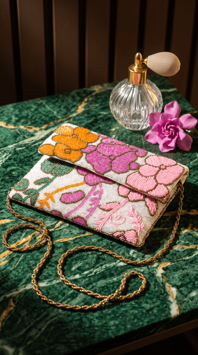 Handcrafted Floral Beaded Clutch – Vintage Beadwork Crossbody Bag - Amal Ayub