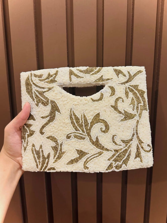 Handmade Ivory & Antique Gold Beaded Clutch Bag | Luxury Wedding & Evening Purse - Amal Ayub