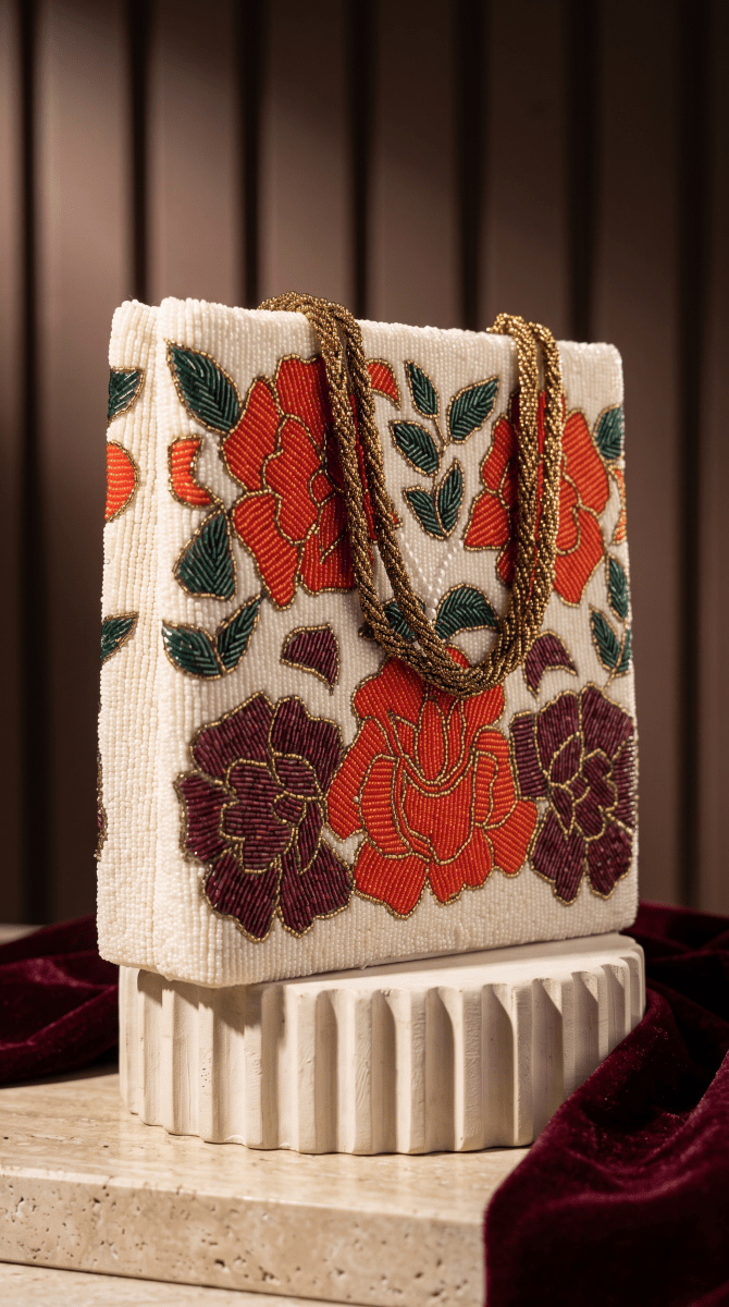 Ivory Floral Beaded Bag – Handmade Wedding & Festive Handbag - Amal Ayub