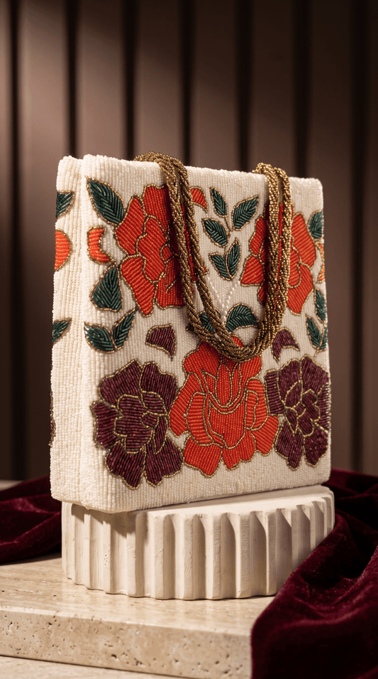 Ivory Floral Beaded Bag – Handmade Wedding & Festive Handbag - Amal Ayub