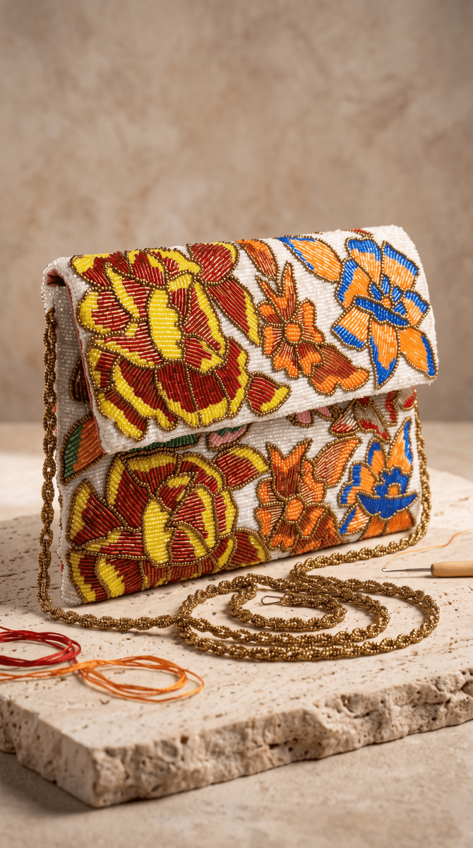 Ivory Floral Beaded Clutch | Handcrafted Wedding & Festive Bag - Amal Ayub