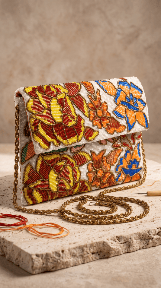 Ivory Floral Beaded Clutch | Handcrafted Wedding & Festive Bag - Amal Ayub