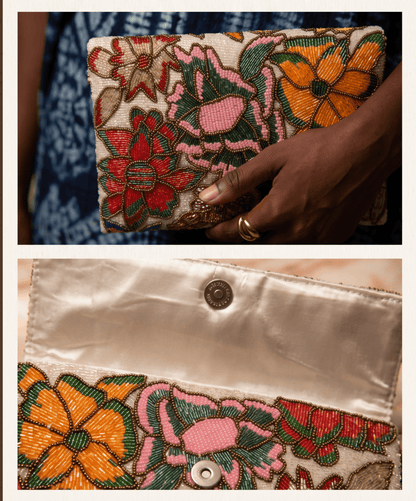 Ivory Floral Beaded Clutch | Handcrafted Wedding & Festive Bag - Amal Ayub