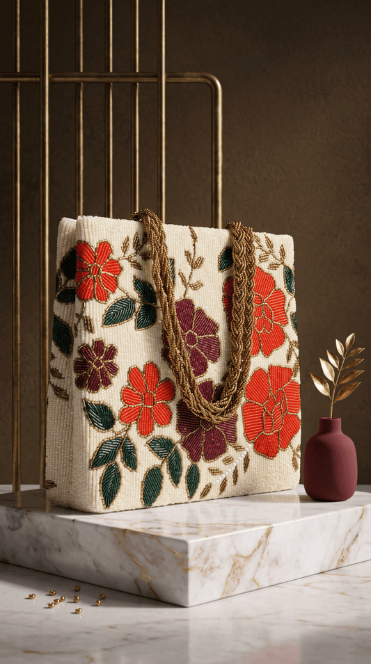 Ivory Floral Beaded Handbag | Luxury Wedding & Festive Bag - Amal Ayub