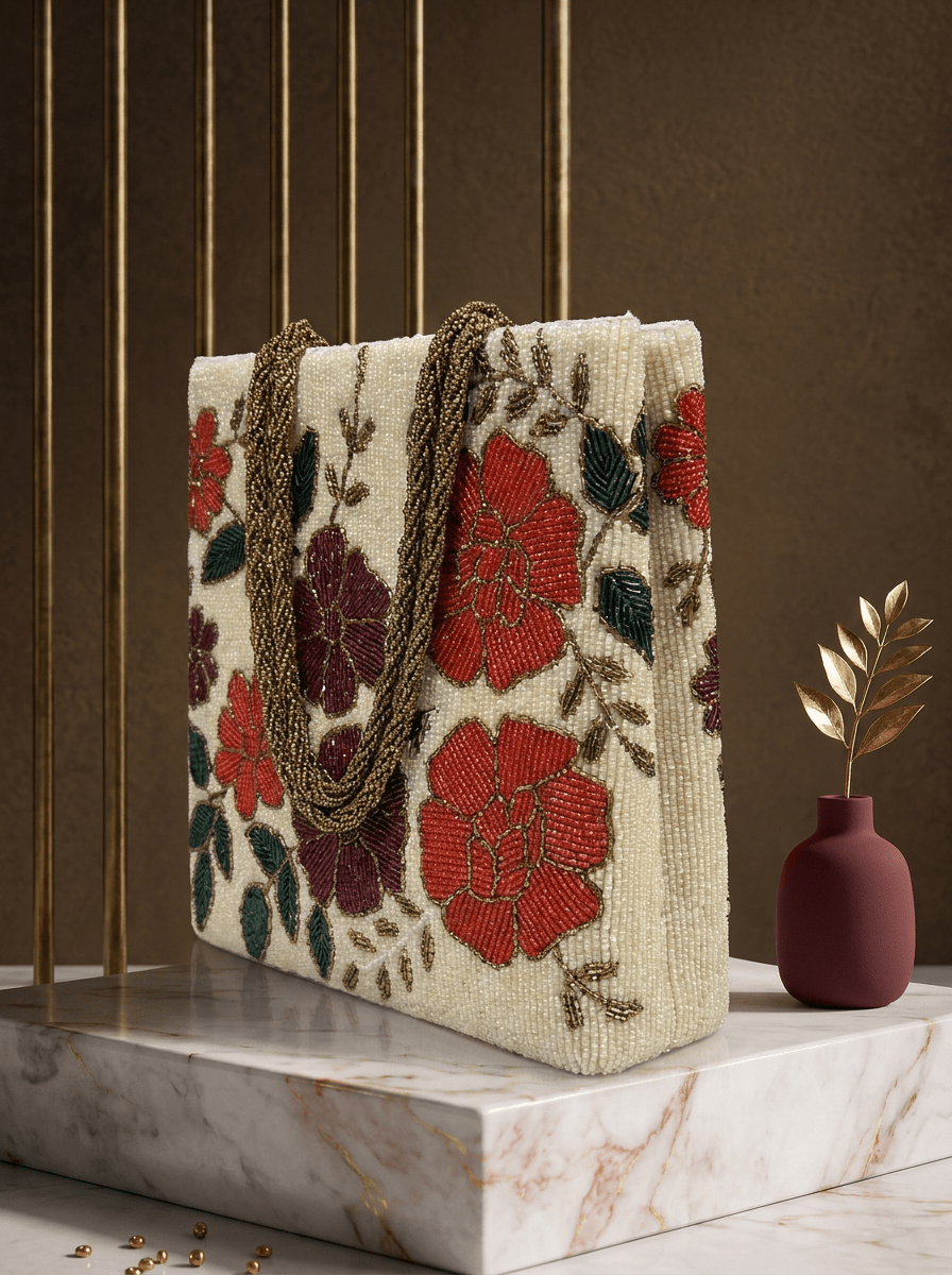 Ivory Floral Beaded Handbag | Luxury Wedding & Festive Bag - Amal Ayub