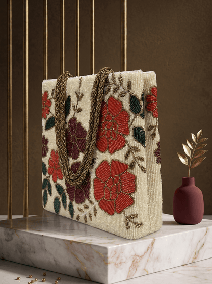 Ivory Floral Beaded Handbag | Luxury Wedding & Festive Bag - Amal Ayub