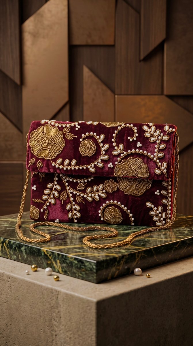 Maroon Pearl Gold Handmade Clutch for Ladies | - Amal Ayub