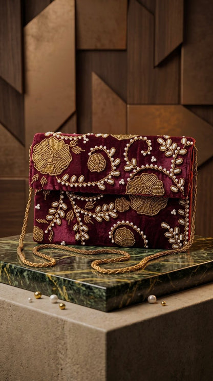 Maroon Pearl Gold Handmade Clutch for Ladies | - Amal Ayub