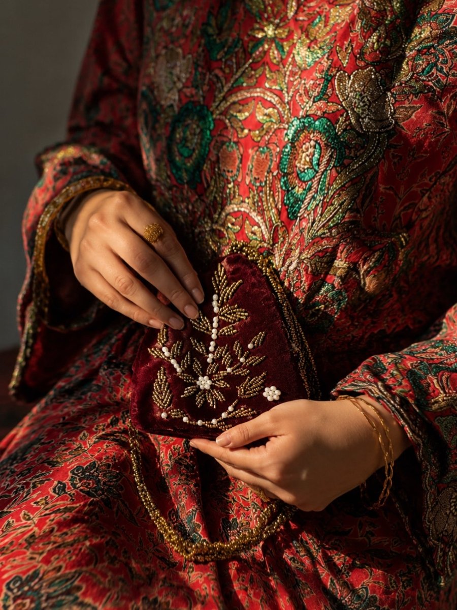 Maroon potli clutch handmade Pakistan - Amal Ayub