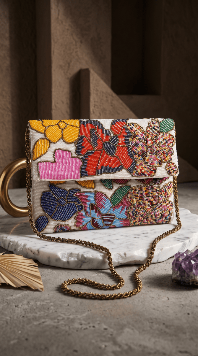 Multicoloured Floral Beaded Festive Clutch | Wedding & Formal Bag - Amal Ayub