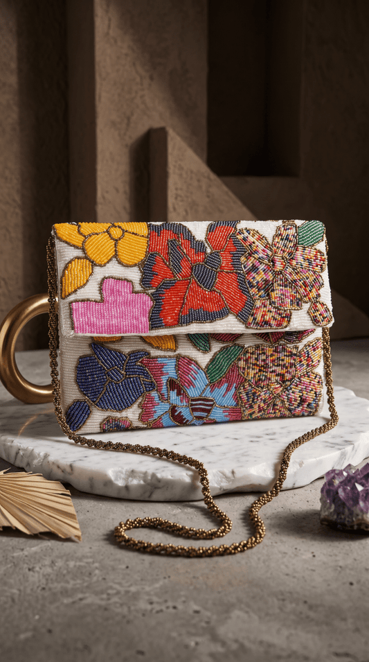 Multicoloured Floral Beaded Festive Clutch | Wedding & Formal Bag - Amal Ayub