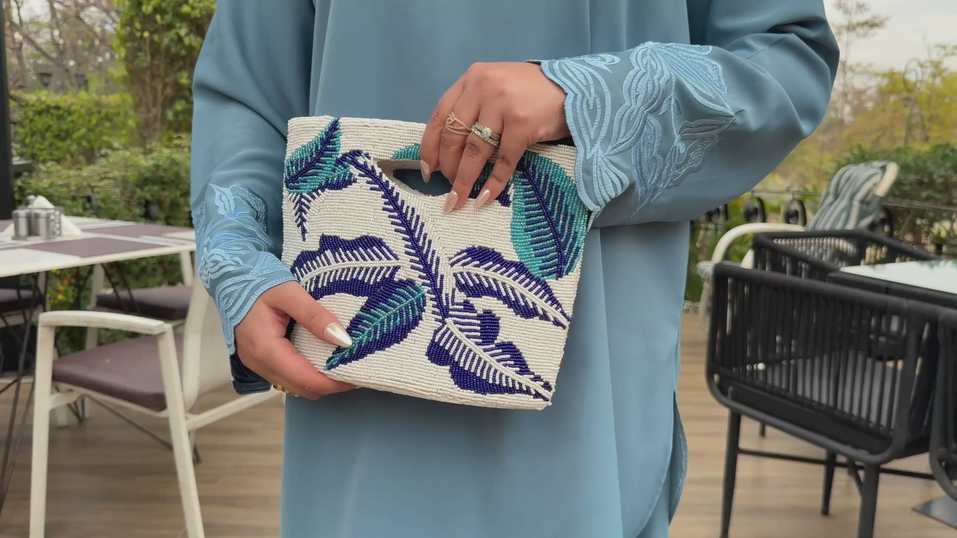 Amalayub elegant blue modest dress with handcrafted beaded clutch