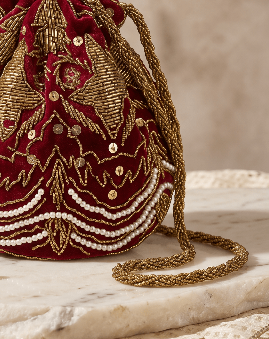 Red embellished potli for your wedding | Wedding | Barat Amal Ayub - Amal Ayub