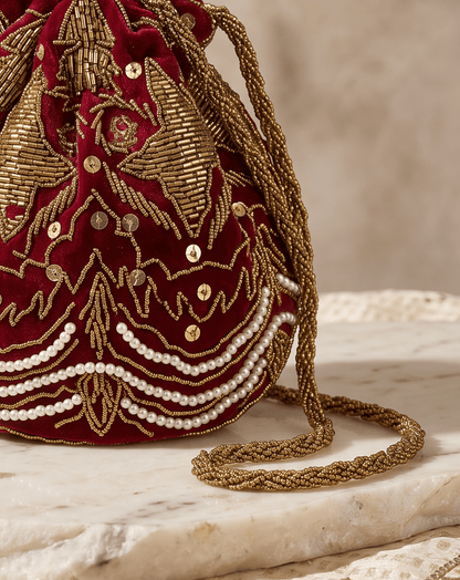 Red embellished potli for your wedding | Wedding | Barat Amal Ayub - Amal Ayub