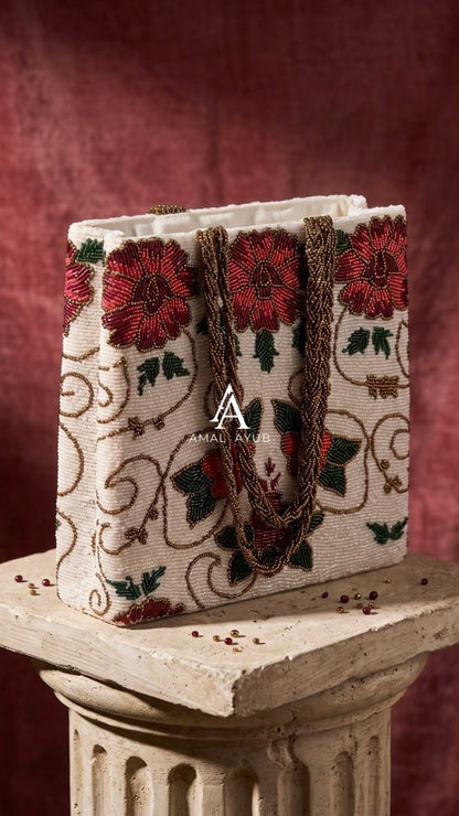 Red Floral Beaded Statement Bag - Amal Ayub
