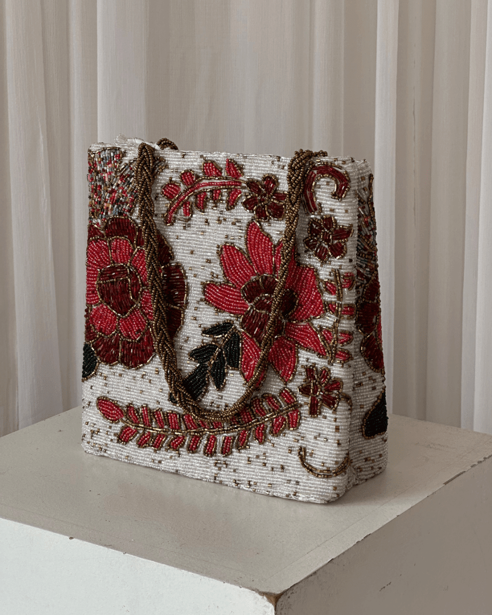 Red floral hand embellished handbag hand embellished bag Amal Ayub 