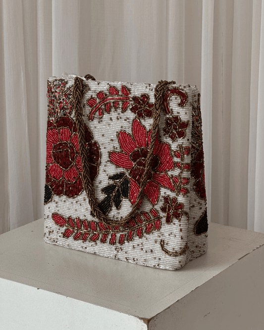 Red floral hand embellished handbag hand embellished bag Amal Ayub 