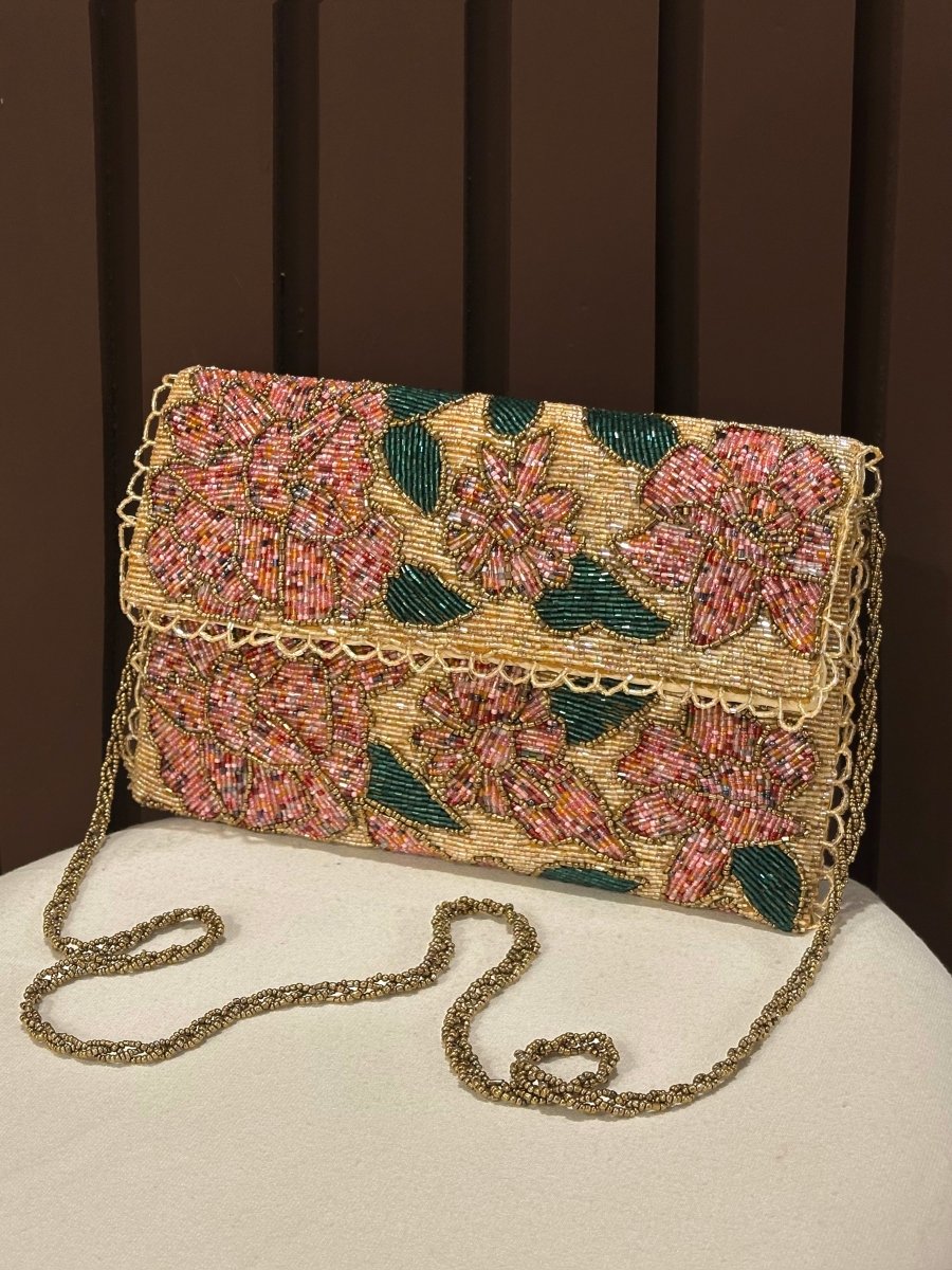 Peach floral mini shoulder bag for girls with chain strap by Amal Ayub