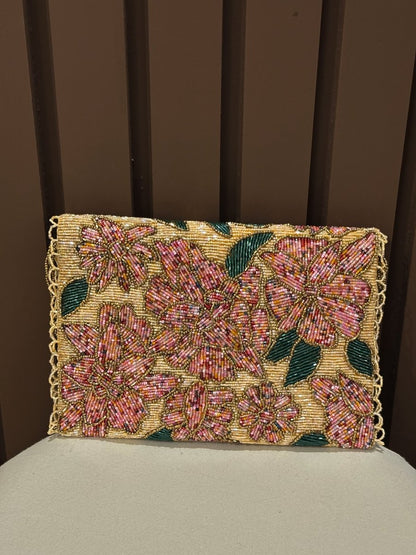 Peach floral mini shoulder bag for girls with chain strap by Amal Ayub
