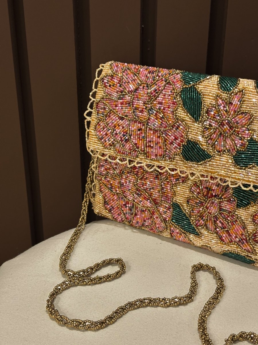 Peach floral mini shoulder bag for girls with chain strap by Amal Ayub