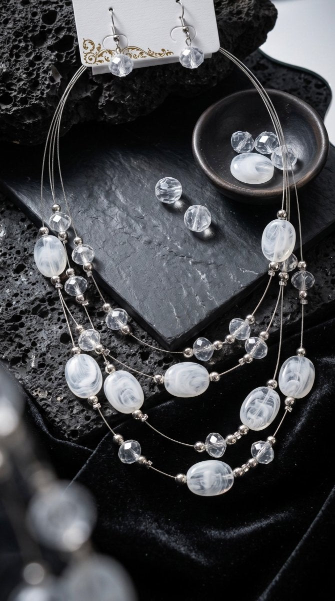 Silver & White Layered Statement Necklace and Earring Set – 4-Strand Beaded Jewelry with Crystal Accents - Amal Ayub