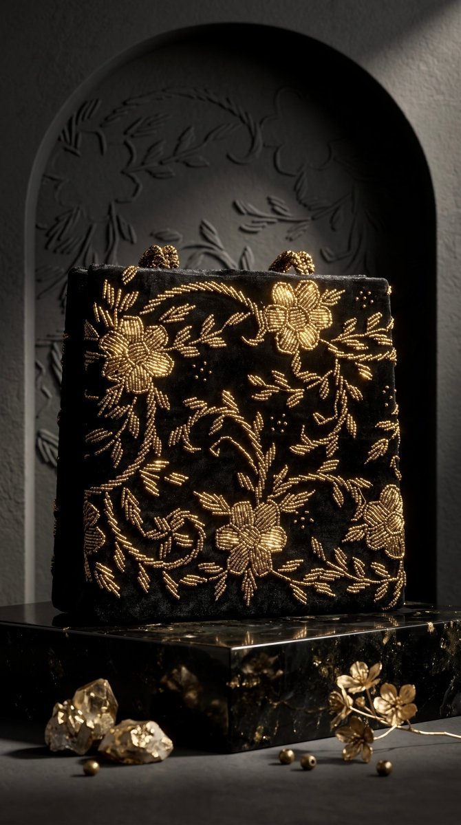 Velvet Black Beaded Bag | Weddings and Parties - Amal Ayub