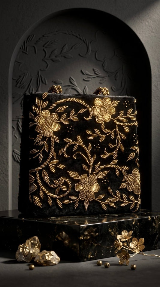 Velvet Black Beaded Bag | Weddings and Parties - Amal Ayub
