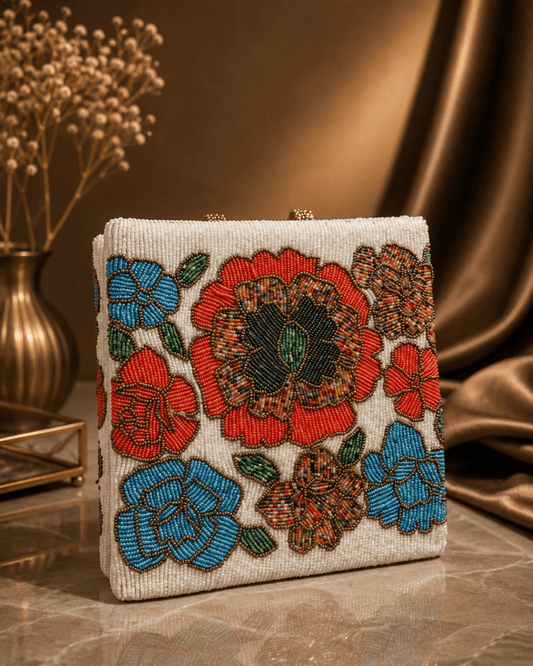 White Floral Garden | Evening bag | Festive bag | Handmade beaded bag - Amal Ayub