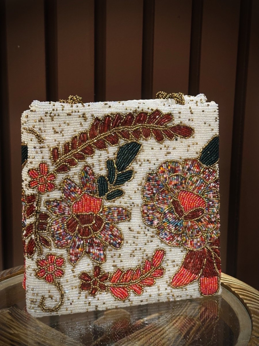 White floral hand embellished handbag - Amal Ayub