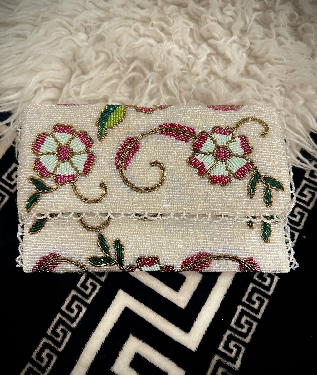 White Hand beaded clutch with Floral and leaf detailings - Amal Ayub