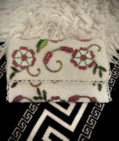 White Hand beaded clutch with Floral and leaf detailings - Amal Ayub